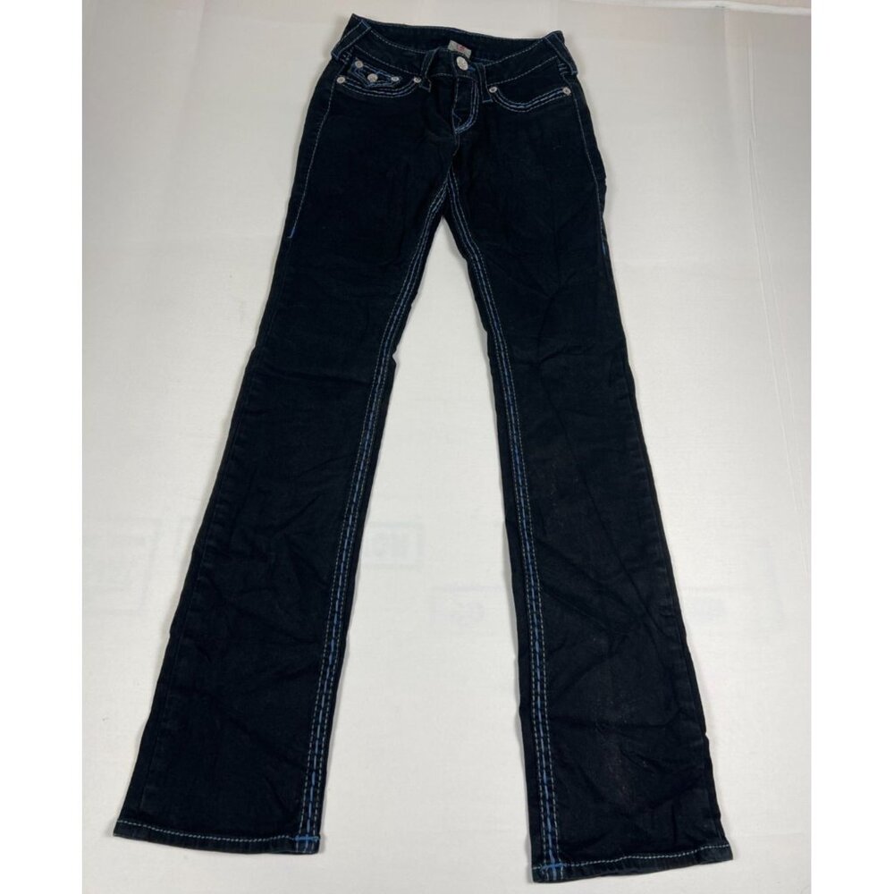 True Religion Women 25x32 Black Blue Stitch Section Straight Jeans Made in USA